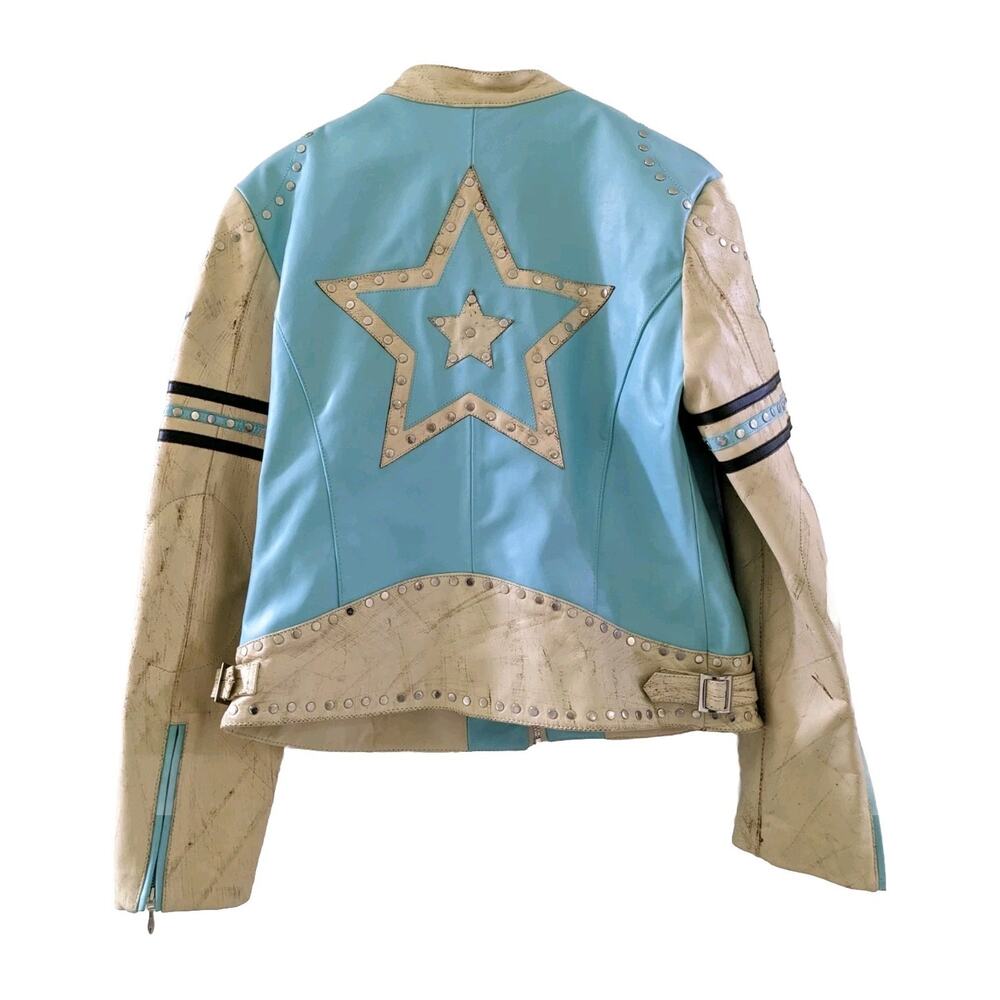 Wilson's RARE Vintage Aqua Leather Maxima Star Distressed Jacket Size L Large